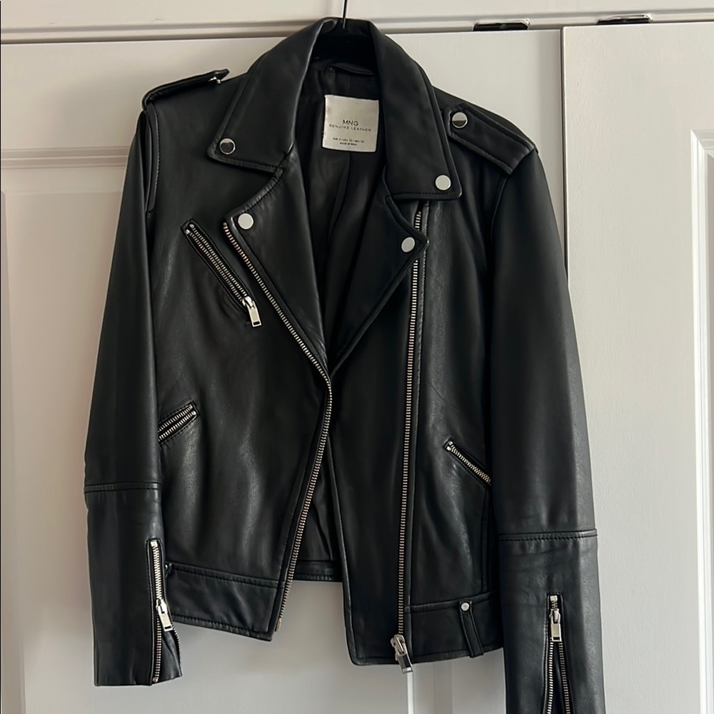Mango Black Leather Biker Jacket with Silver Hardware